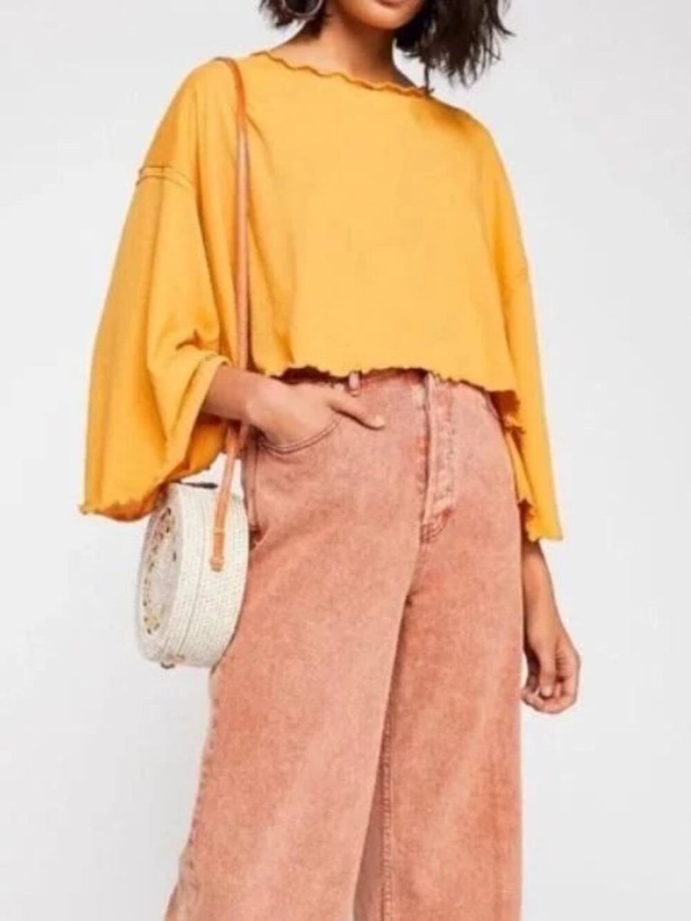 Free People We the Free cotton Bird Gang mustard yellow top, size XL